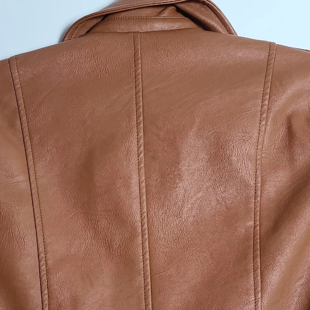 LOVE TREE Tan Vegan Leather Moto Jacket Brown Zip Up Size Small - Picture 15 of 16